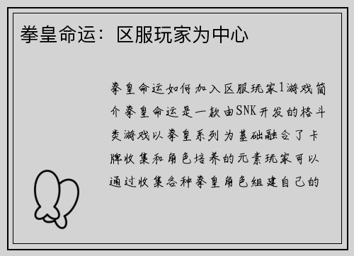 拳皇命运：区服玩家为中心